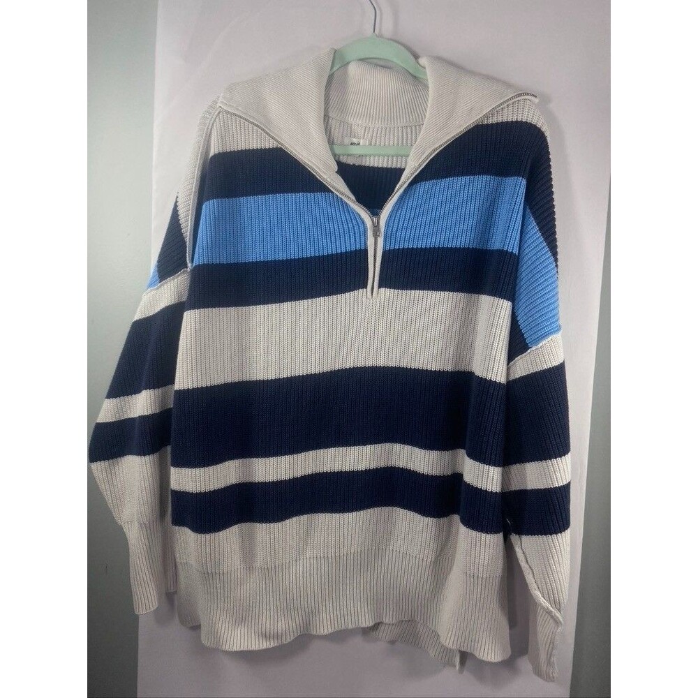 AERIE WOMENS LARGE 1/4 ZIP BLUE COLOR BLOCK OVER SIZE KNIT SWEATER